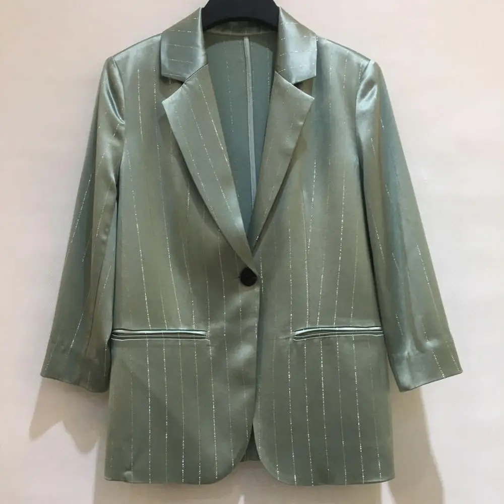 

Striped Women Blazer Single Button Three-quarter Sleeve Solid Color Summer New Thin Jacket with Pocket for OL