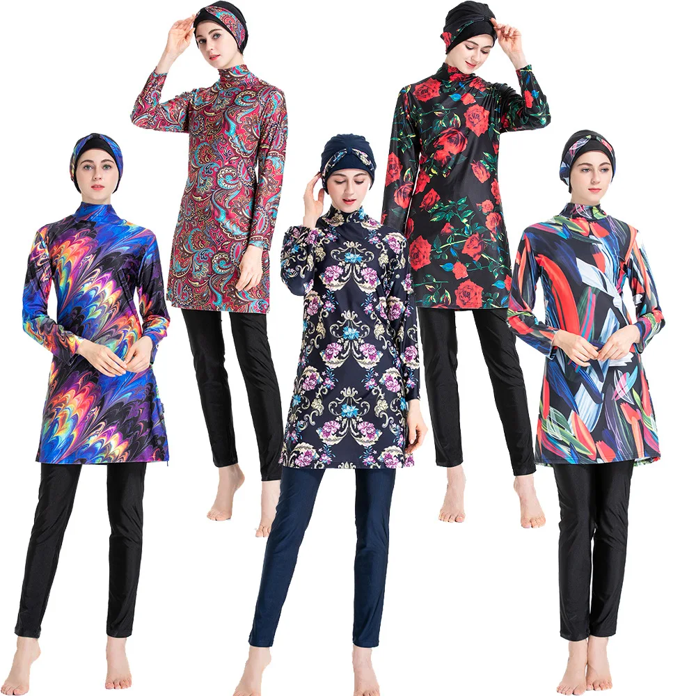 

Women Swimsuits Printed Floral High Elastic Plus Size Three Piece Swimwear Hijab Full Cover Muslimah Swimming Surf Wear Burkini
