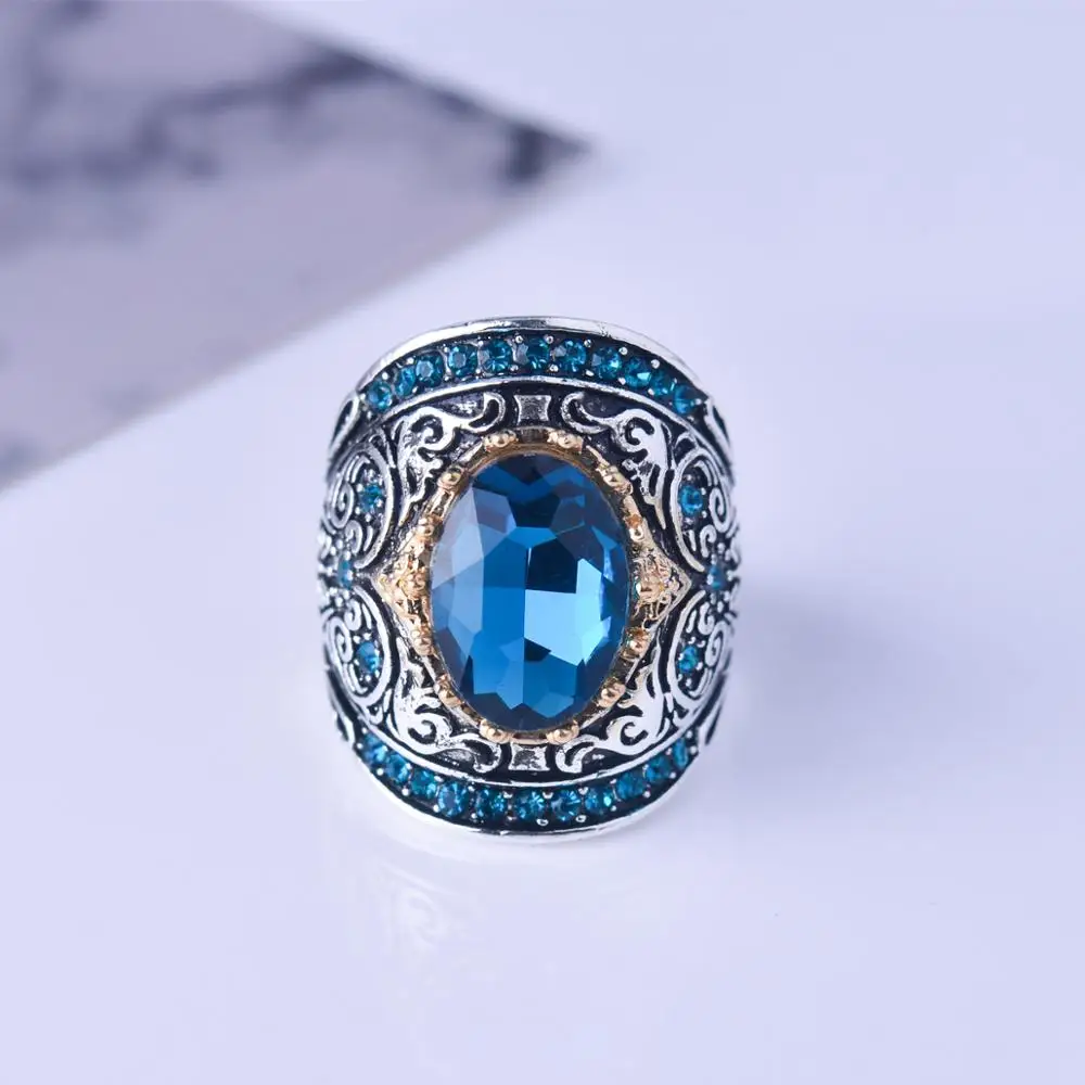 

Hyperbole Vintage Silver Color Filled Blue Zircon Big Rings For Women/Men Boho Large Oval Crystal Wedding Ring Party Jewelry