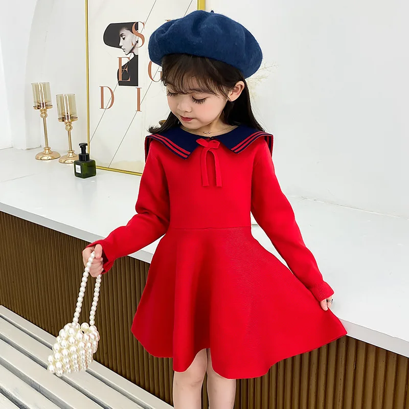 

2021New Fashion Dress For Girls Sweet Cartoon College Style Childrens Knitted Dress Princess Dress Child Clothing For 3-8 Age