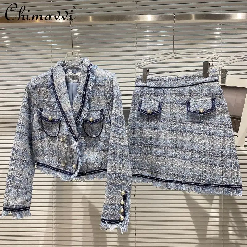 

Women's Skirt and Top Sets 2021 Autumn Tweed Long Sleeve Casual Suit Jacket High Waist A Line Mini Skirt Lady Winter Outfits