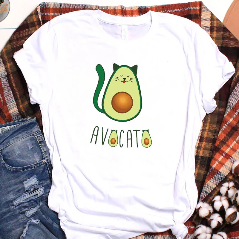 

Women Avocado Cat Smile Sweet Print Fruit Cartoon Ladies Graphic Top Tshirt Clothes T Tee Female Womens Shirt Clothing T-shirt