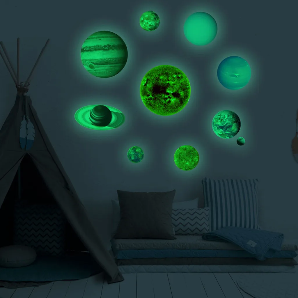 

3D Planet Solar System Fluorescent Wall Stick The Universe Planet Galaxy Children Room Bedroom Luminous Wall Stickers tool