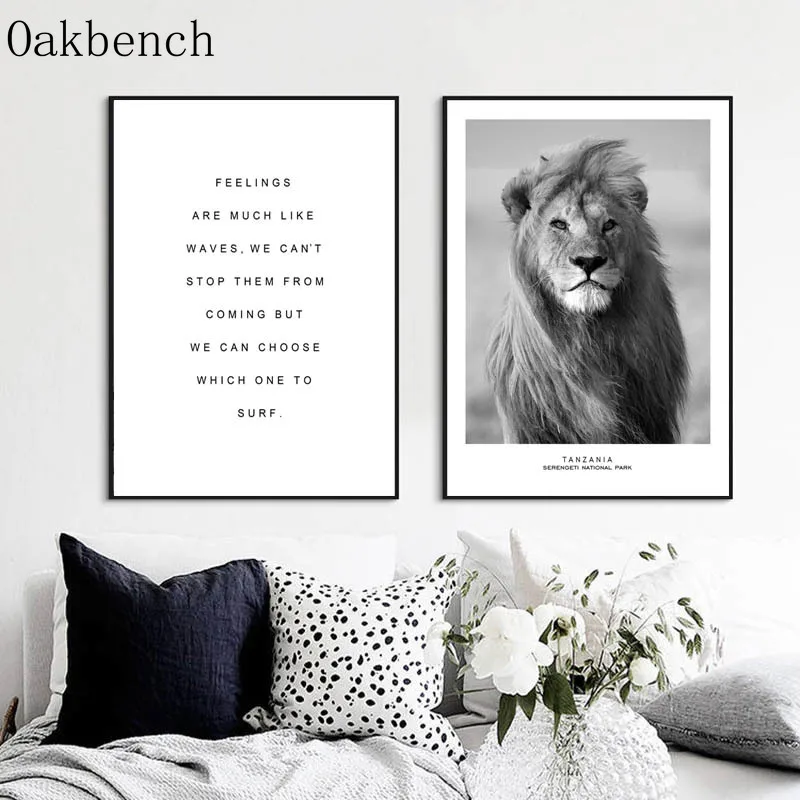 Черно белый декоративный постер с изображением Льва и животных настенные