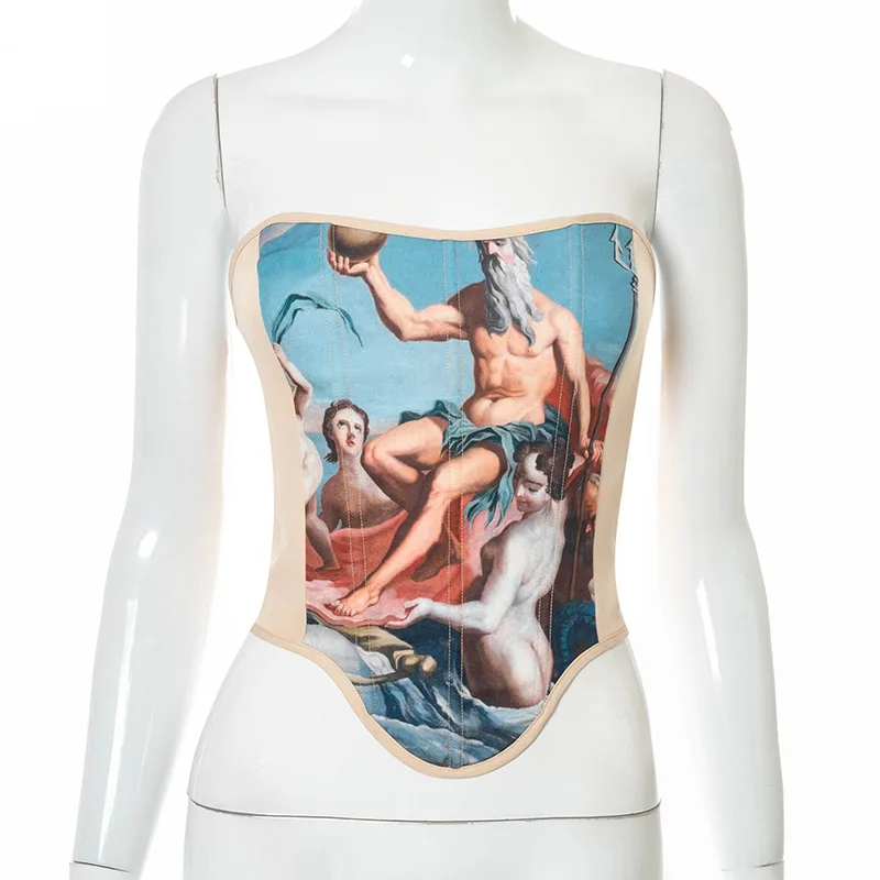 

Summer Ladies Sexy Lace Up Corset Girls Creative Oil Painting Printing Strapless Sleeveless Irregular Hem Girdle Top