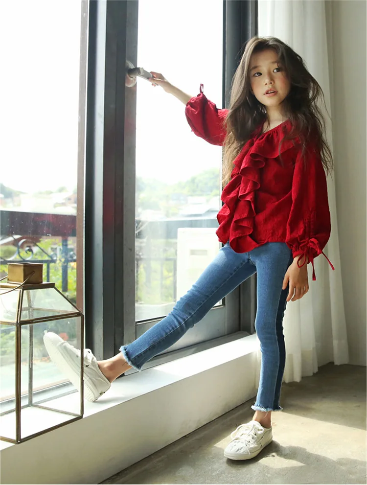 

5-10 year old girls slim denim leggings spring stitching color middle and large children's fashion all match pencil long pants