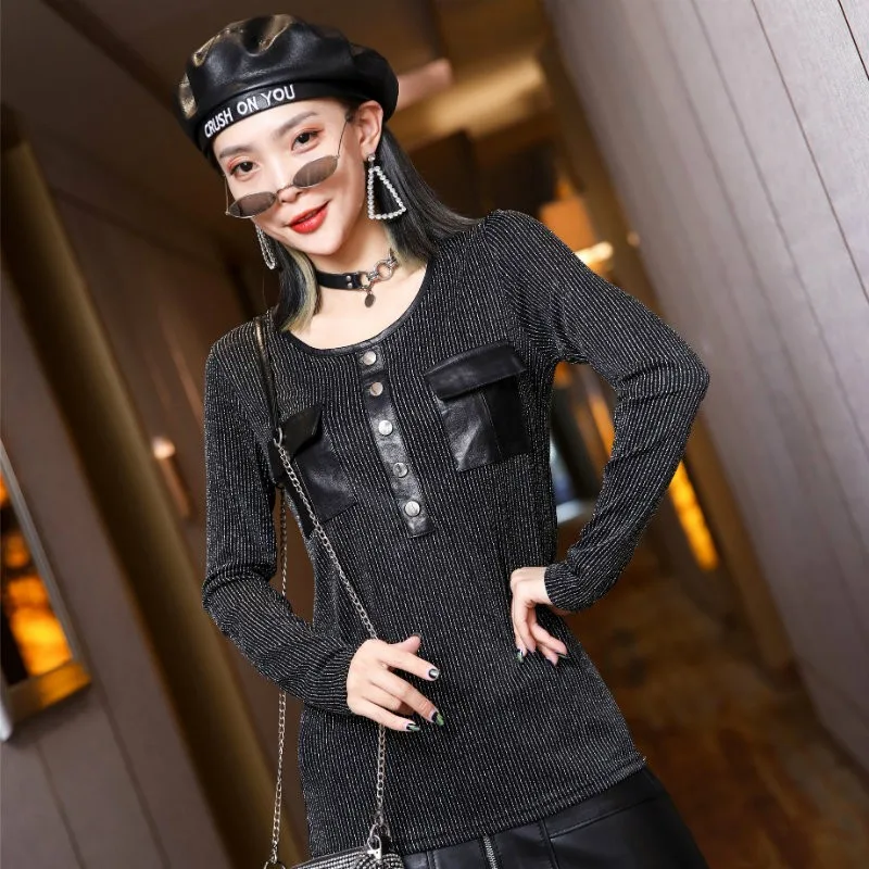 

Fashion Ladies Long Sleeve O Neck Gauze T-shirt Sheepskin Leather Patchwork Slim Fit Tees Tops Pullover Spring Womens T-shirts
