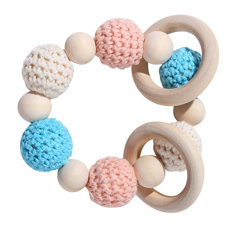 

1PC Wooden Teether Crochet Beads Wood Crafts Ring Engraved Bead Baby Teether Wooden Toys For Baby Rattle