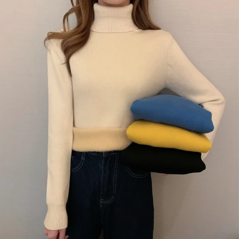 

2021 Winter New High Neck Sweater Artificial Mink Hair Fleece-Lined Thickened Long Sleeve Niche Top Bottoming Shirt