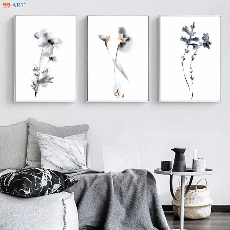 Минималистичные Серебристые Серые Цветочные акварельные принты современная
