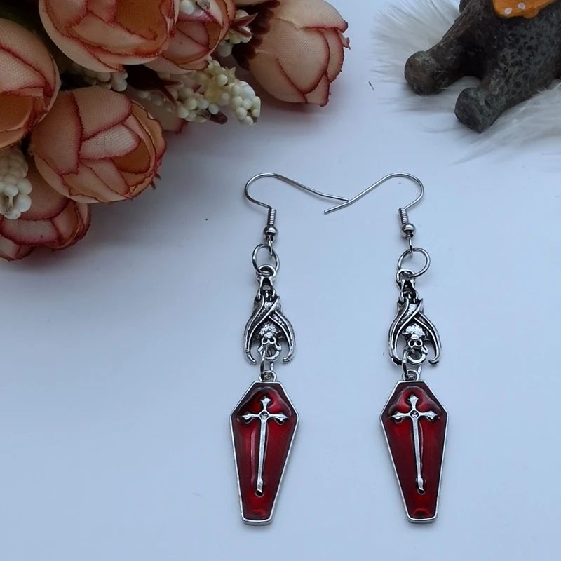 Женские серьги в стиле панк готика ретро крест смерти красная кровь гроб