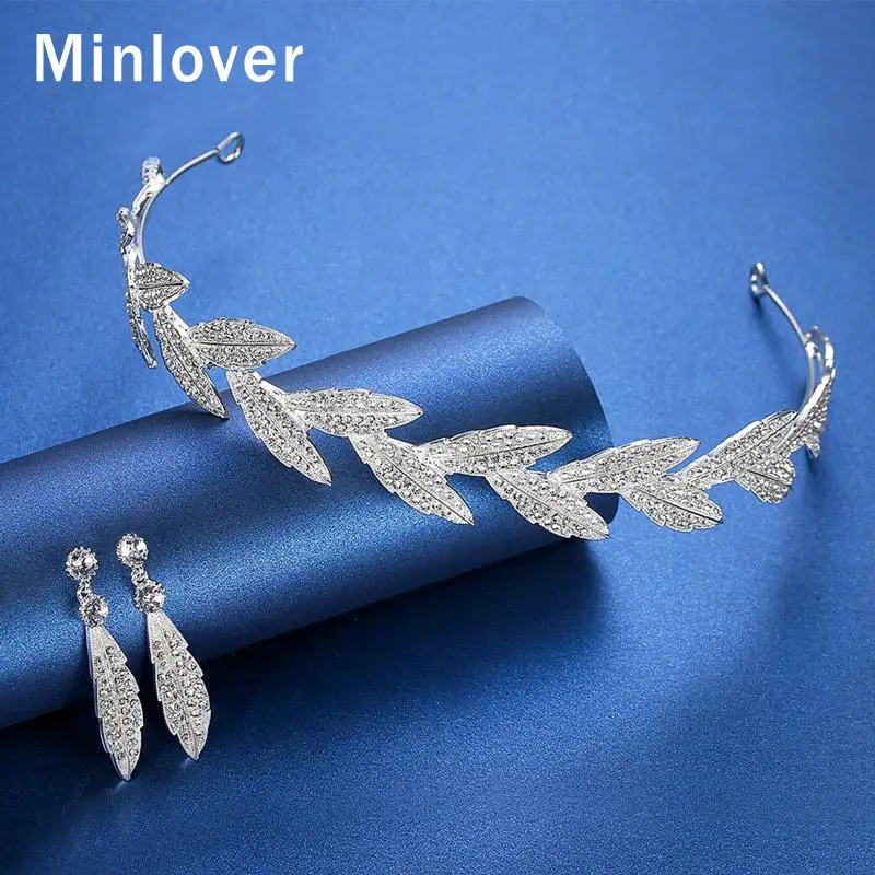 

Повязка на голову с листьями Minlover HG230, Свадебные короны, диадемы с серьгами, серебристого цвета, аксессуары для волос