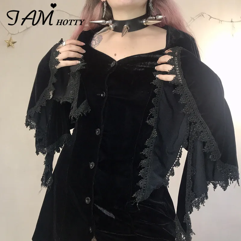 

IAMHOTTY Gothic Lace Flare Sleeve Velvet Dress Party Evening Date Outfit Dark Academia Clothes Vintage Mini Robe Elegant Fashion
