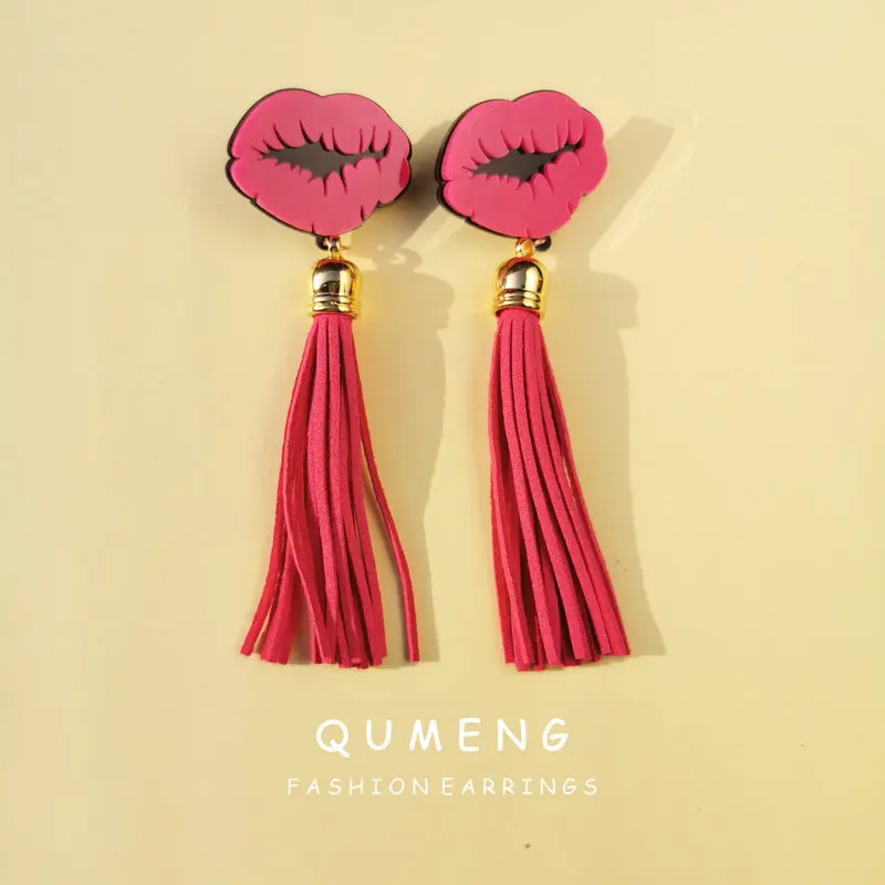 QUMENG Мода в винтажном стиле, украшенные кисточками розово-красный серьги-гвоздики губы серьги в Корейском стиле 2020 «красные губы», на цепоч...