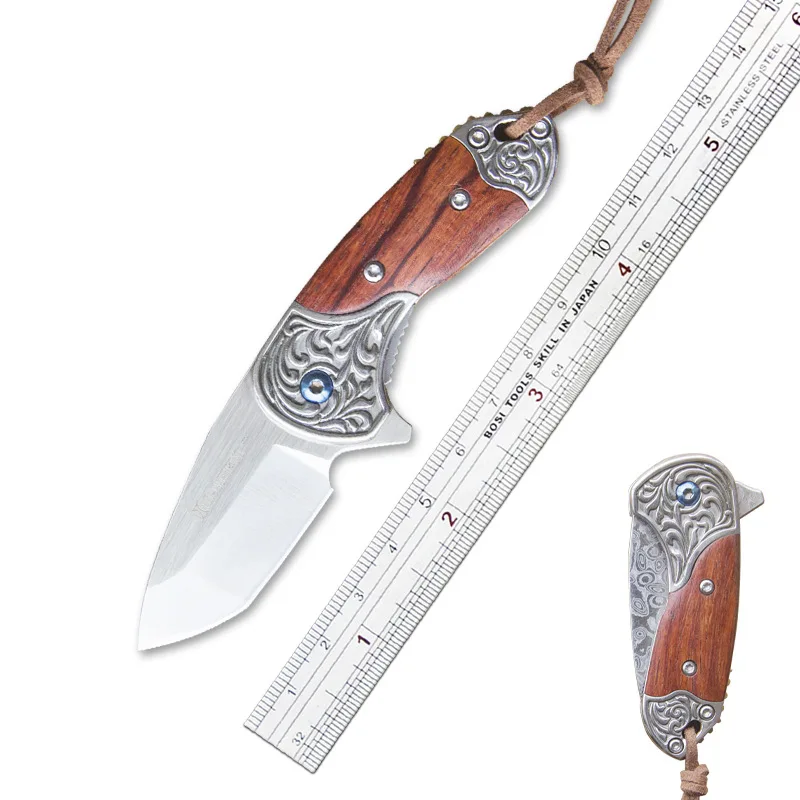

D2 Steel Damascus Wood Handle Ball Bearing Outdoor Pocket Folding Knife Wire Drawing Sanding Surface Tactical Self Defense Knife