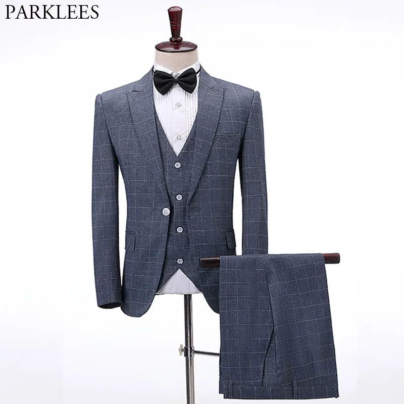 Мужские костюмы из 3 предметов темно серые клетчатые полосатые льняные свадебные