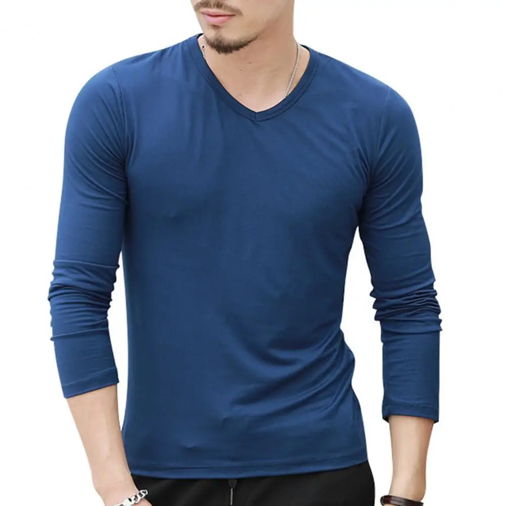 65% Dropshipping!!Long-sleeved men's T-shirt shrink-proof solid color V-neck bottoming shirt pullover top