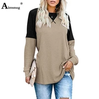 women autumn patchwork color tops england style long sleeve o neck t shirt casual loose ladies tee shirt oversized 3xl femme