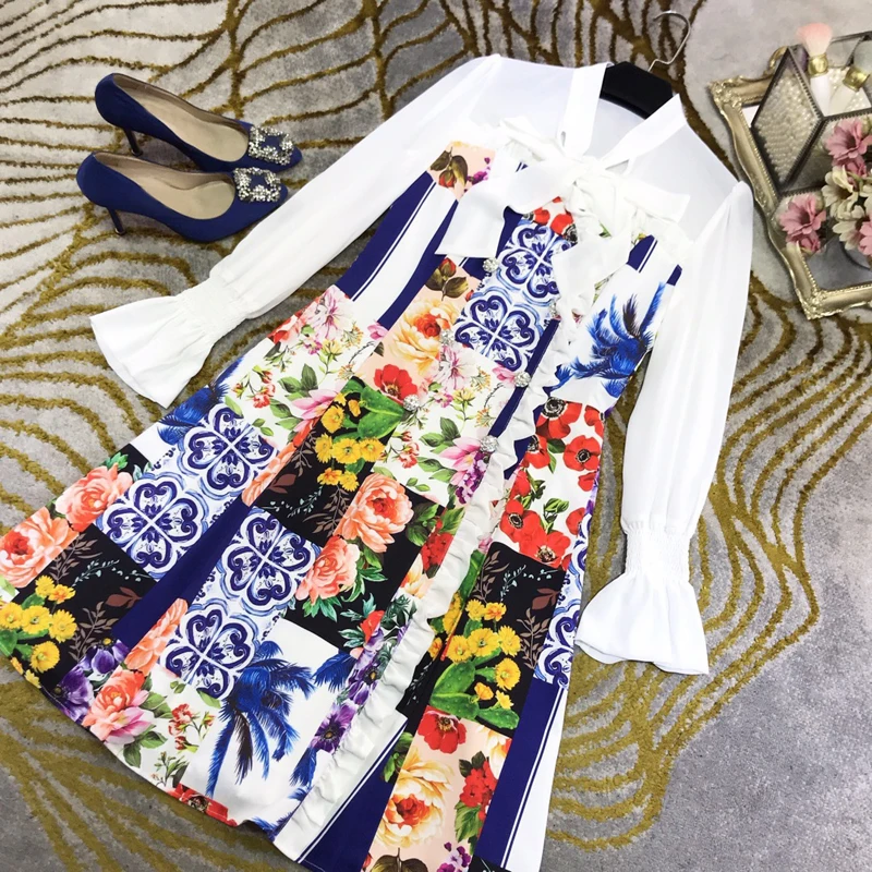 

Женское платье на пуговицах, платье с цветочным принтом, Расклешенным рукавом и воротником-бантом, Роскошное дизайнерское платье с пуговицами и кристаллами, новинка 11,8