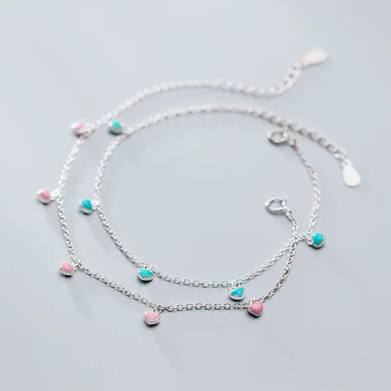 INALIS S925 silver bracelet female Japanese and Korean style simple pink green love sweet girl heart jewelry | Украшения и