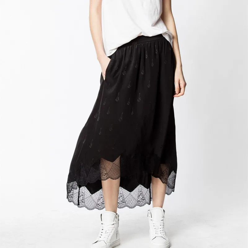 

Women Irregular Silk Skirt Lace Hem Violin Jacquard Elastic Waist Female Midi Jupe 2021 Spring