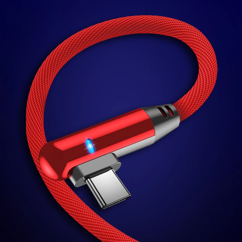 Светодиодный кабель usb type C на 90 градусов для iPhone Micro Quick Charge USB-C кабель для Xiaomi Redmi Note 7 для samsung S10 A50 Tipe-C