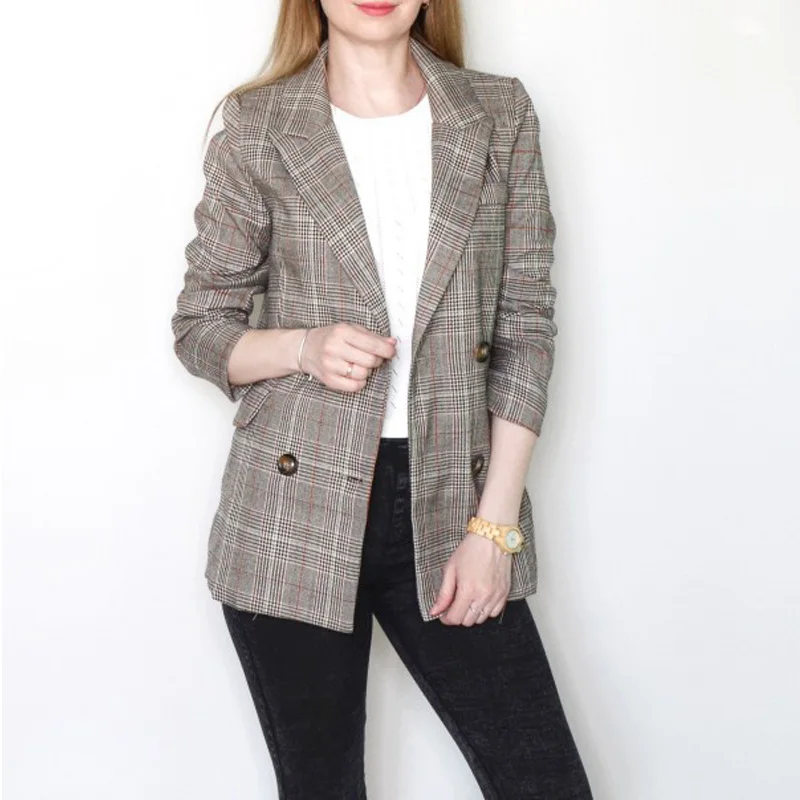 Женский двубортный блейзер с карманами элегантные клетчатые пиджаки в ретро