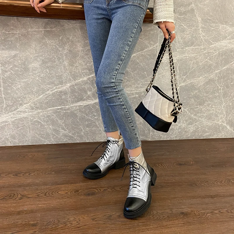 

2020 spring and autumn new fashion all-match lace-up Martin women's boots in tube leather retro side zipper boots X306