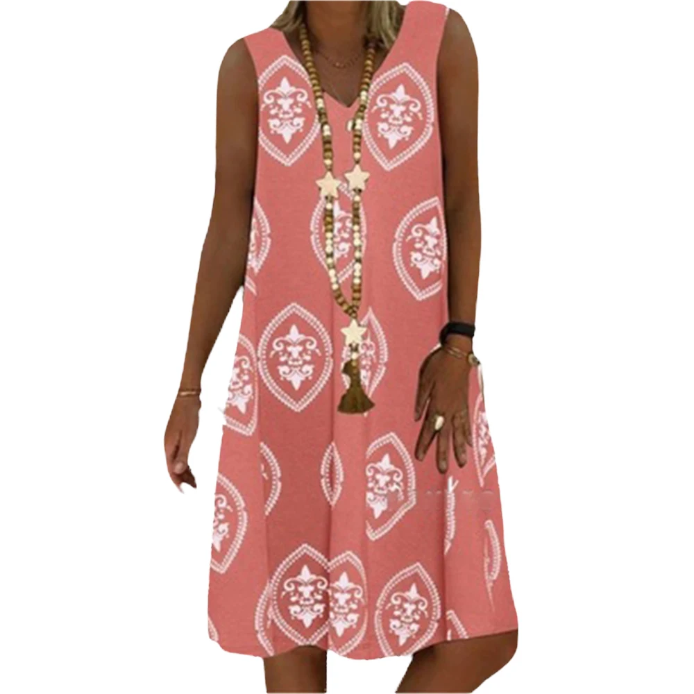 

Summer Dress 2021 Woman Dress 5XL Vintage Tank Dress Sleeveless V Neck A-line Knee-Length Loose Dresses Women Clothing