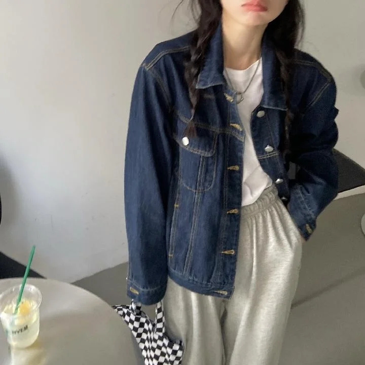 

Dark Blue Short Denim Jacket New Korean Style Loose Jacket Cotton Cropped Jacket Autumn Clothes Women Women Jacket