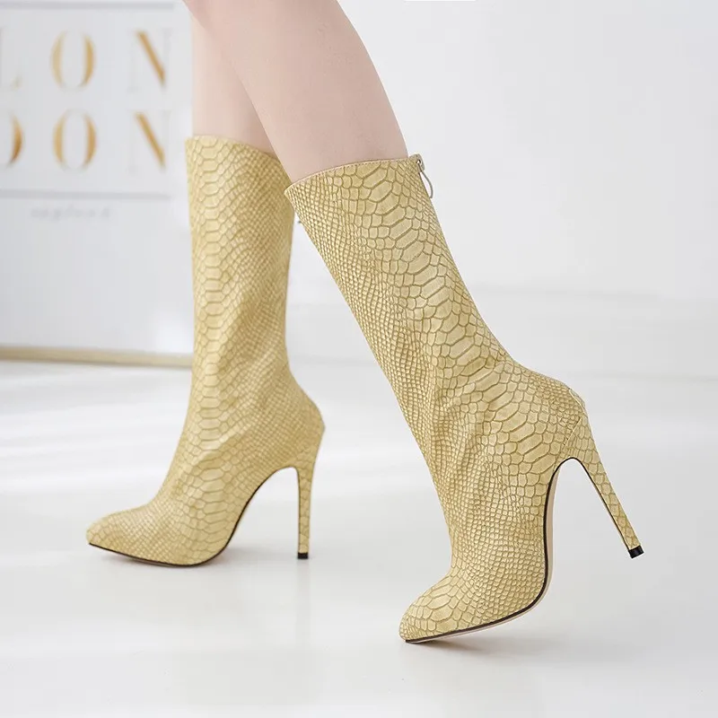 С Острым носком пикантные сапоги Для женщин под змеиную кожу классическая трубка