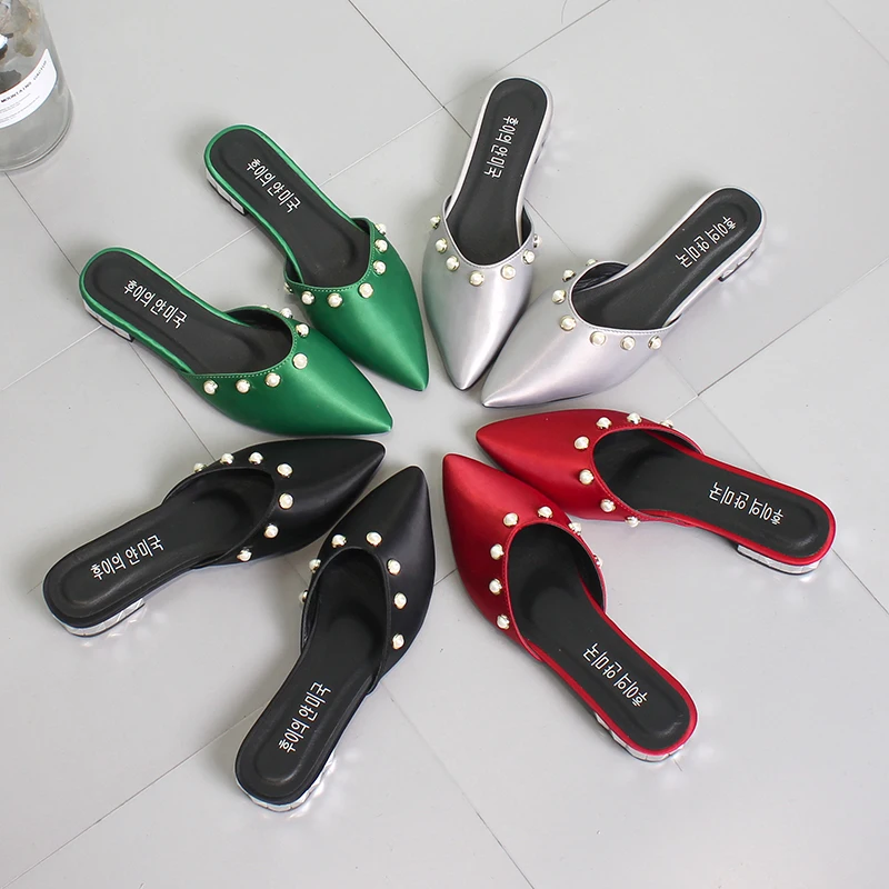 

Мюли женские с жемчугом, заостренный носок, низкий каблук, сланцы, без застежки, Повседневные тапочки, модная обувь