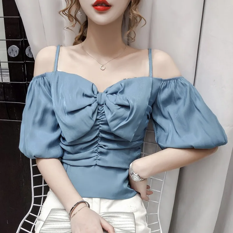 Новинка лета 2021 рубашка в Корейском стиле с открытыми плечами и буффами на