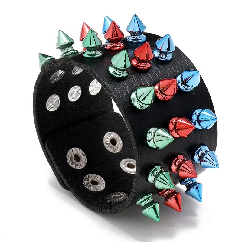 

Jessingshow Gothic Multicolor Three Row Cuspidal Spikes Rivet Stud Wide Cuff PU Leather Punk Rock Unisex Bangle Bracelet Jewelry