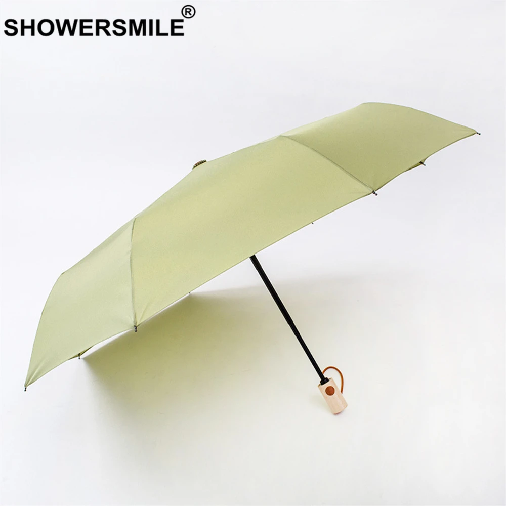 Зонт SHOWERSMILE женский с деревянной ручкой зеленый водонепроницаемый от дождя