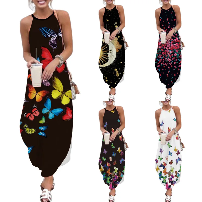 

2021 European and American Fashion Women's Printed Loose and Comfortable Long Skirt Amazon Vest Dress Sexy Suspender Skirt