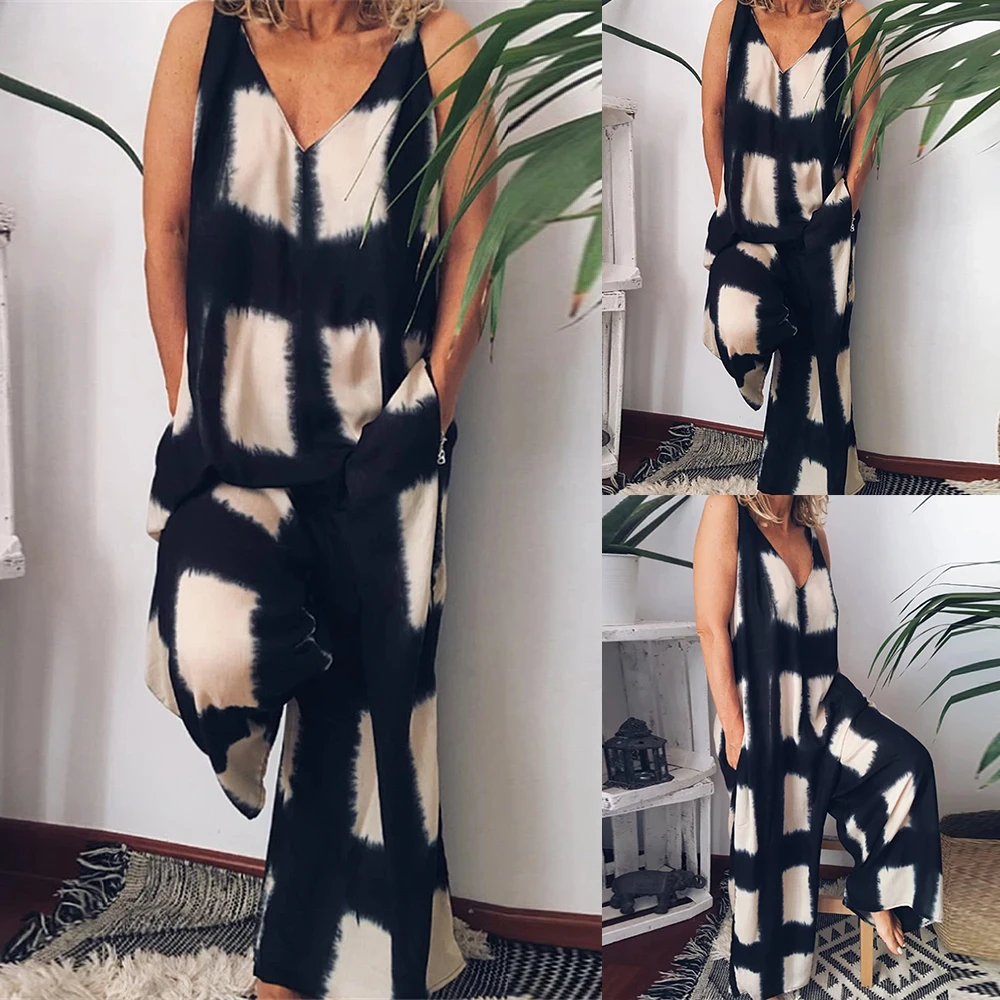 Женский клетчатый комбинезон без рукавов свободный винтажный с широкими