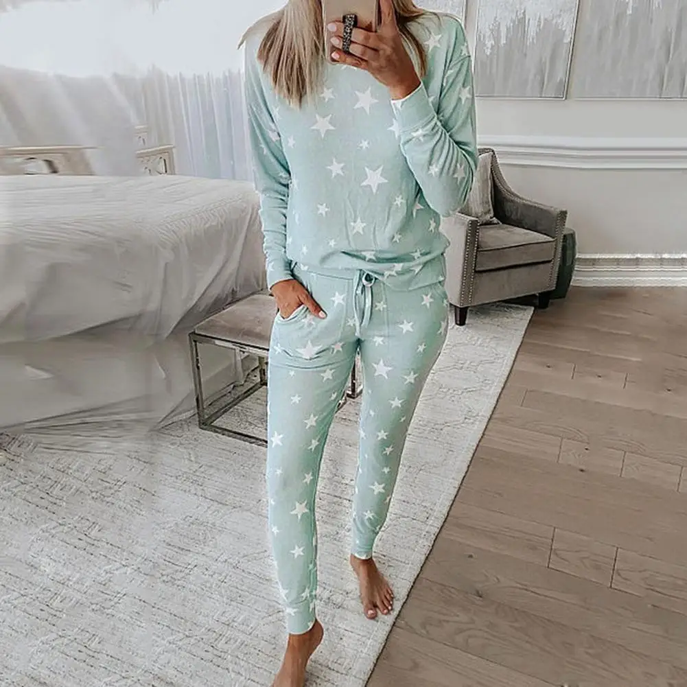 

Пижамный комплект женский с принтом звезд, ночная рубашка с круглым вырезом и эластичным поясом, комплект для сна, для сна