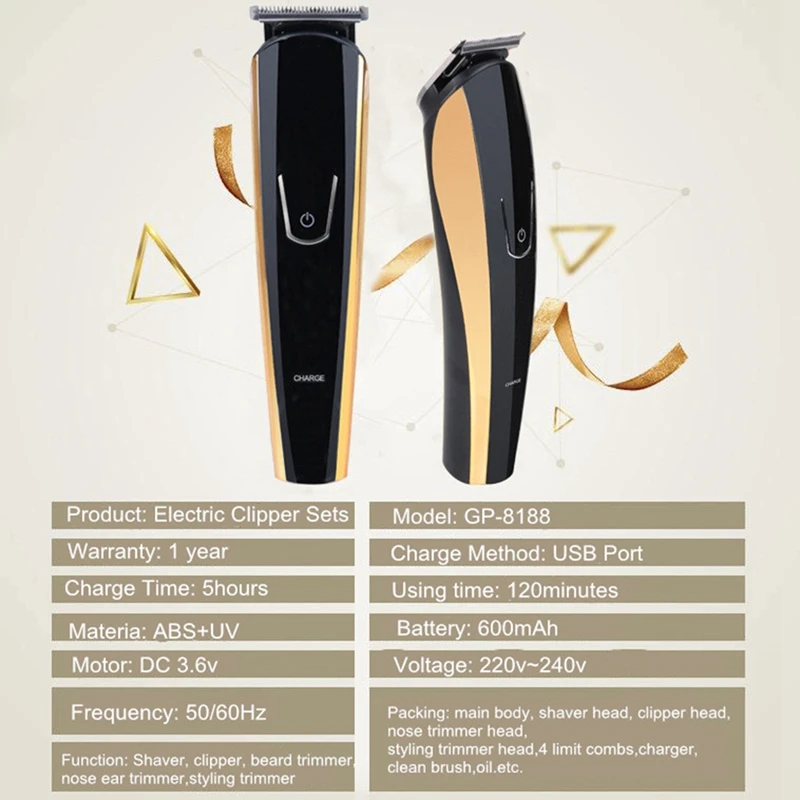 Jinding 5 in 1 Multi-Functional Hair Clipper Set with Comb Oil Heads Nose Ear Trimmer Styling Beard Washable Eu | Бытовая техника
