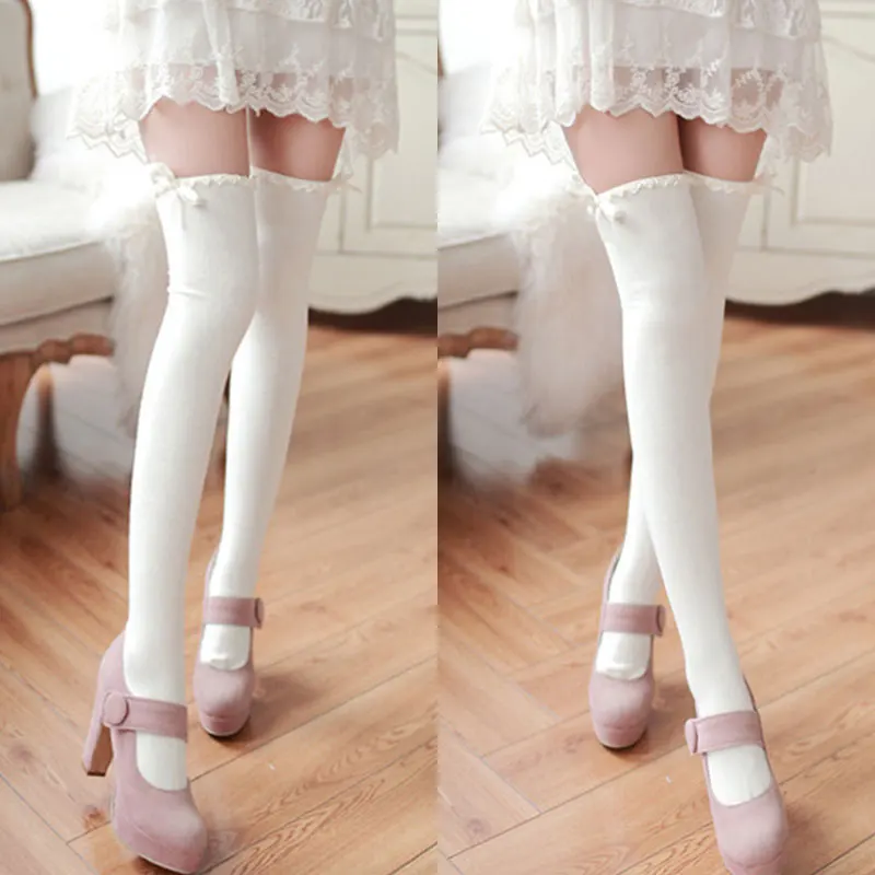

Girls Ribbon Bowknot High Stockings Sweet Cute Wavy Lace Socks Over Knee Socks Pure Cotton Comfortable Foot Socks Japanese Hot