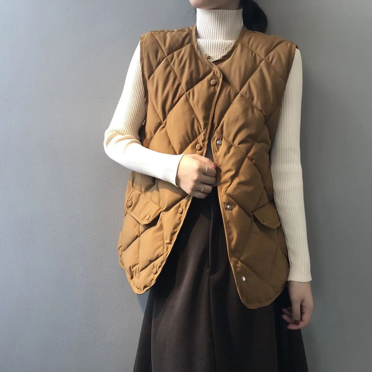 

2021 Autumn Winter Women Solid Loose Vest Drawstring Stand Collar Long Vest Jacket Cotton Padded Women Windproof Warm Waistcoat