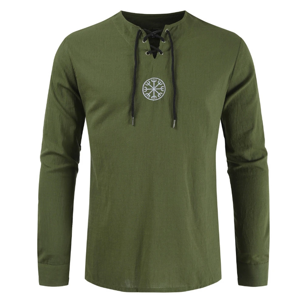 

New Unique Design Vintage Style Men Plus Size Ancient Viking Embroidery Lace Up V Neck Long Sleeve Top trendy