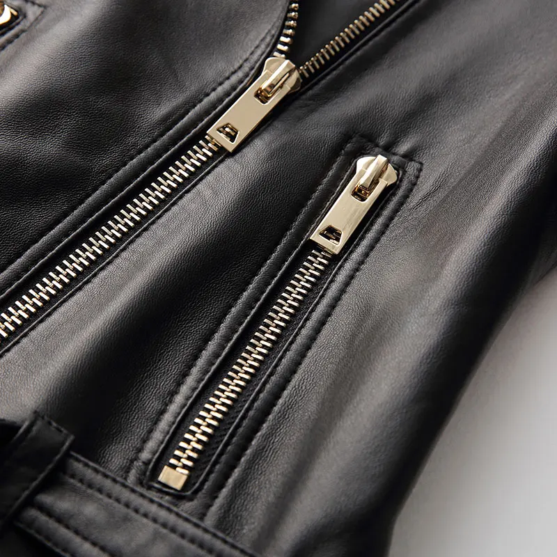

Genuine Leather Jacket 100% Female Brand Motorcycle Sheepskin Short Coat Street Black Zipper Slim Fit Office Lady Outerwear