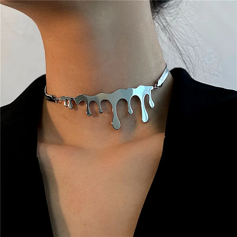 

Fashion Women Punk Stainless Steel Necklace Metal Droplet Shape Sexy Street Pat Senior Choker Collarbone Chain Party Jewelry