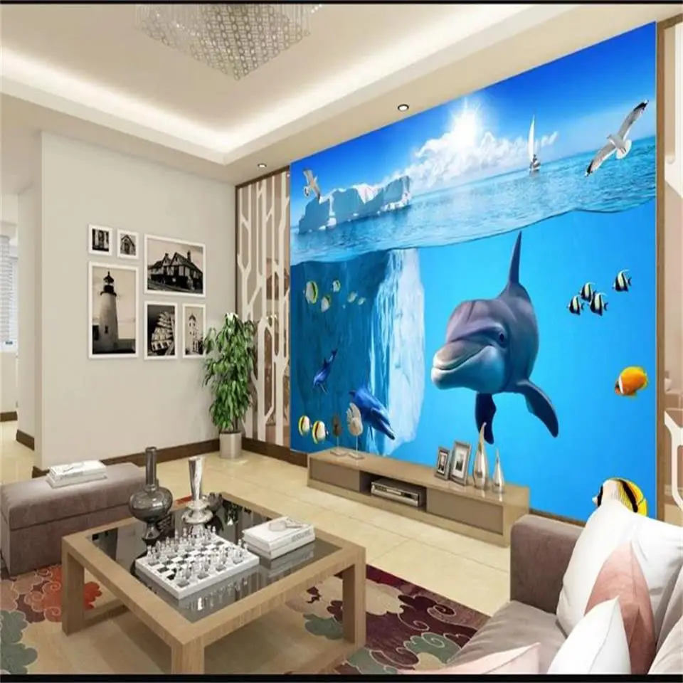 

Пользовательские 3d фото обои для гостиной Фреска подводный мир дельфины картина Диван ТВ Фон нетканые обои для стены 3d