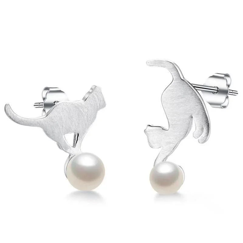 Серьги гвоздики из стерлингового серебра 925 пробы в Корейском стиле с милым котом