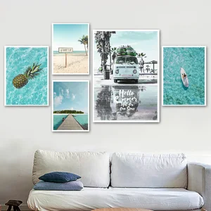 Плакаты и картины в скандинавском стиле с изображением пляжного серфинга, морского автомобиля, кокосового дерева, картины на холсте для декора гостиной