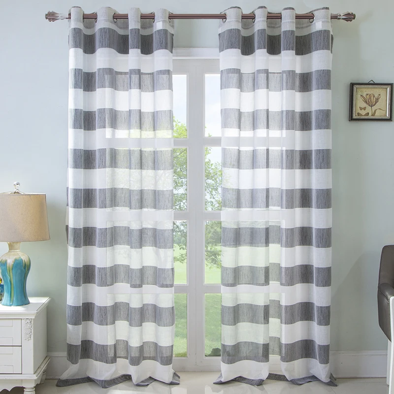 MAKEHOME Horizontal Stripes Modern Sheer Curtain for Bedroom Living room Blue Yellow Gray Window Cortina Voile Tulle Custom Size | Дом и сад