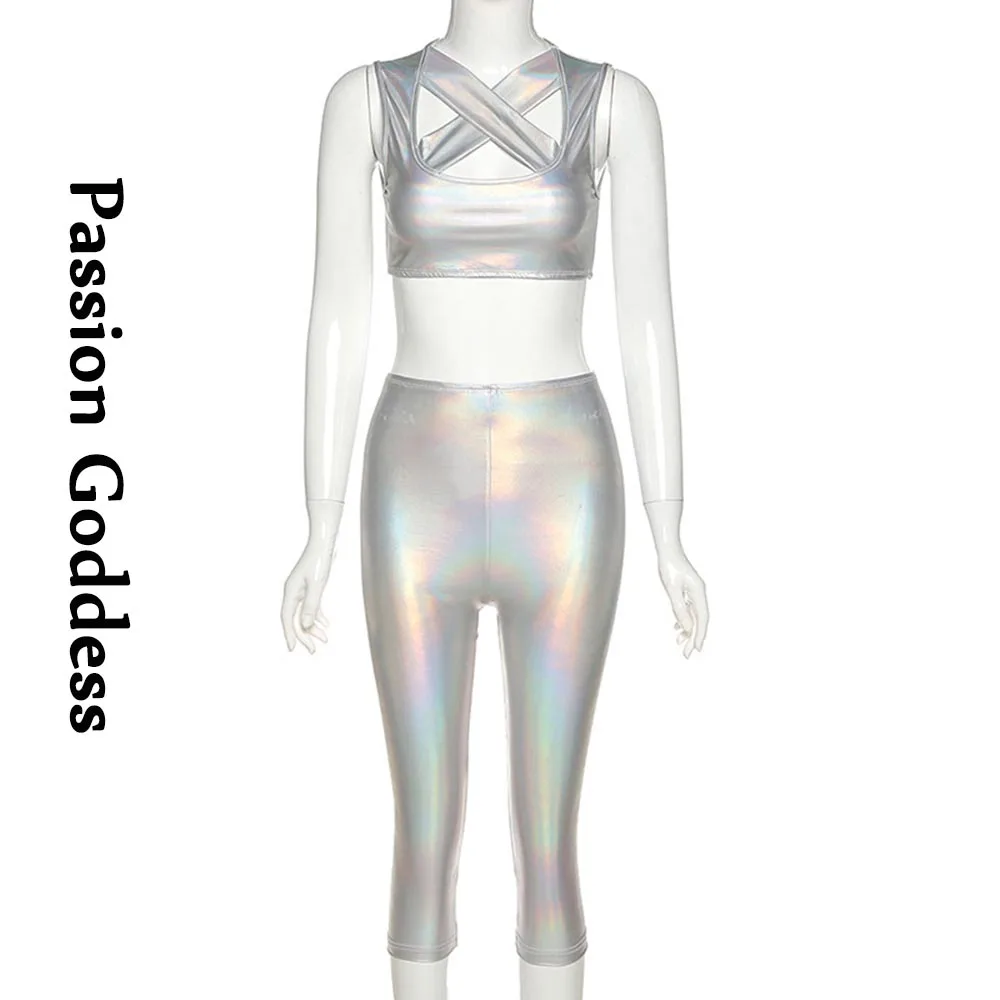 Сексуальный женский костюм из 2 предметов блестящая Лазерная кожа открытые топы