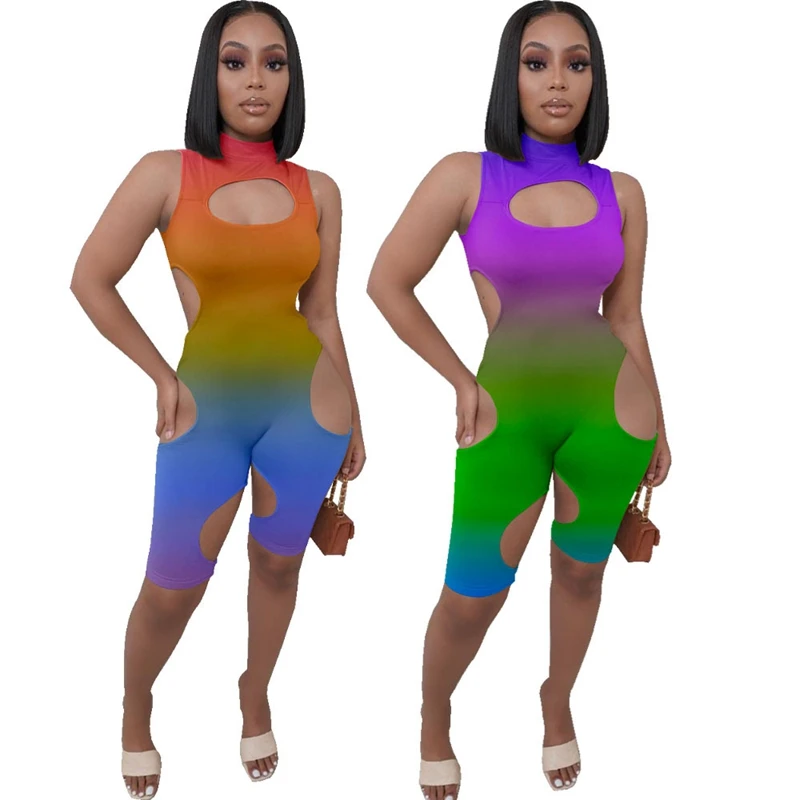 

Летняя одежда, боди, комбинезоны с градиентным принтом и дырками, женский комбинезон, шорты, цельный клубный наряд, уличная одежда, оптовая п...
